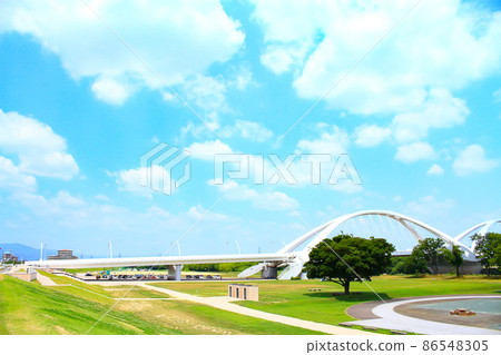 Scenery of Toyota Ohashi Bridge over the fresh green Yahagi River 86548305