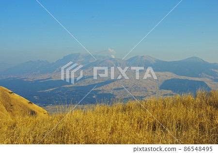 View of Mt. Aso from the mountain range of Mt. Somma in Aso View of Mt. Aso from the mountain range of Mt. Somma in Aso 86548495