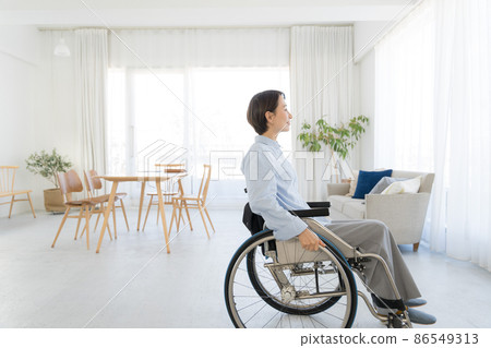 Wheelchair female in her 30s indoors Wheelchair female in her 30s indoors 86549313
