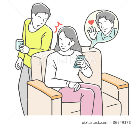 A wife who is in a hurry when her husband looks into her smartphone 86549378