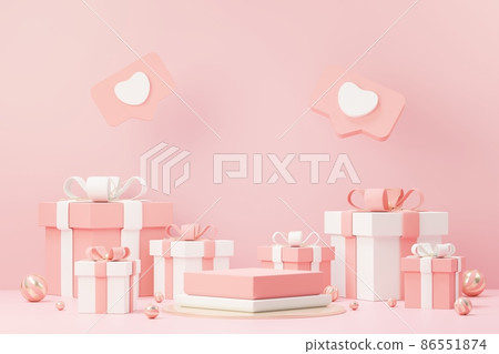3d render minimal sweet scene with display podium for mock up and product brand presentation. Pink Pedestal stand for Valentine's Day's theme. Cute lovely heart background. Love day's design style. 86551874