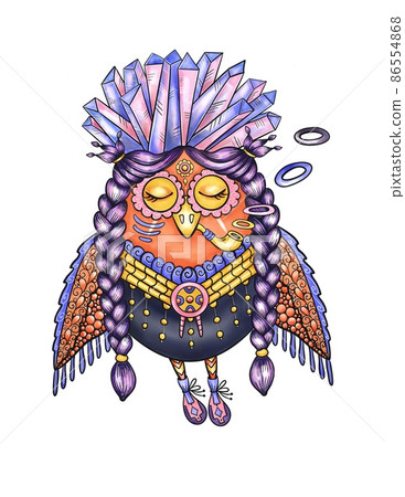 Shamanic owl with closed eyes illustration isolated on white background Shamanic owl with closed eyes illustration isolated on white background 86554868