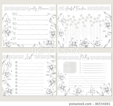 4 types of bullet journal sheets with daffodil illustrations, weekly schedule, memos 4 types of bullet journal sheets with daffodil illustrations, weekly schedule, memos 86554891