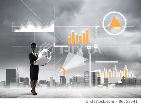 Concept of security and privacy protection with camera headed woman Concept of security and privacy protection with camera headed woman 86555541