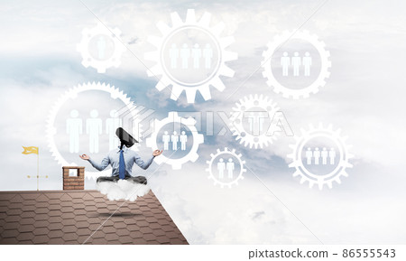 Concept of security and privacy protection with camera headed man meditating Concept of security and privacy protection with camera headed man meditating 86555543