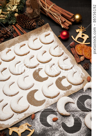 Traditional German or Austrian Vanillekipferl vanilla kipferl cookies on wooden table Traditional German or Austrian Vanillekipferl vanilla kipferl cookies on wooden table 86556192