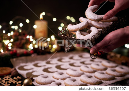 Traditional German or Austrian Vanillekipferl vanilla kipferl cookies on wooden table 86556207