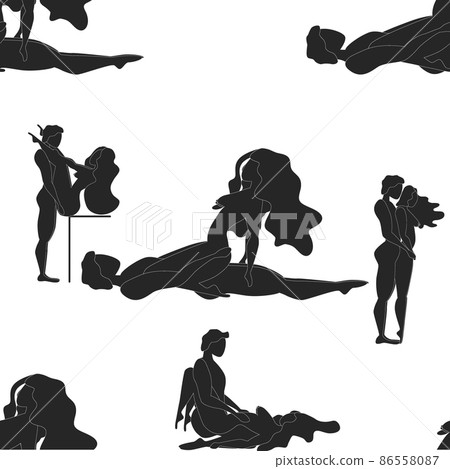 Kama Sutra seamless pattern design poster fabric. Kamasutra sketchy poses for making love. Set. Standing positions 86558087