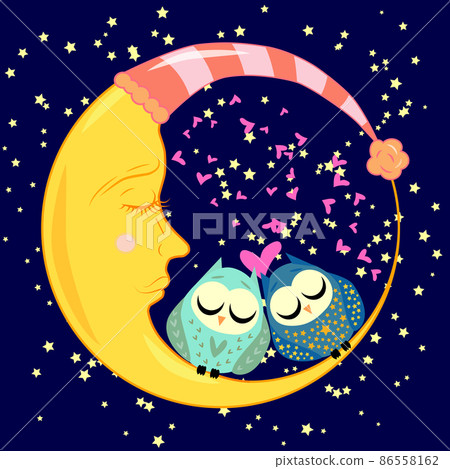 cute cartoon sleeping owl in circles with closed eyes sits on a drowsy crescent among the stars. cute cartoon sleeping owl in circles with closed eyes sits on a drowsy crescent among the stars. 86558162