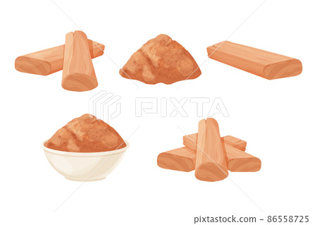 Set Chandan or sandalwood pieces, dried powder in bowl aromatherapy ingredient detailed in cartoon style isolated on white background. Cut part, close up, medical plant. 86558725