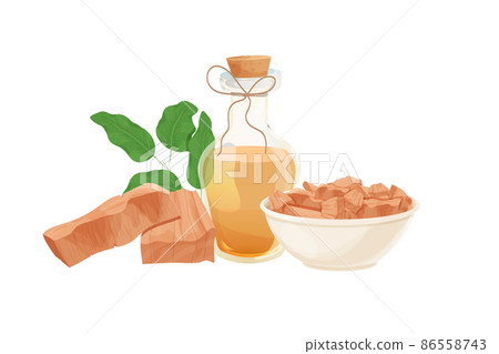 Sandal oil in bottle with wooden cork and rope, powdered Sandalwood and leaves in cartoon style isolated on white background. Ayurveda therapy ingredient  86558743