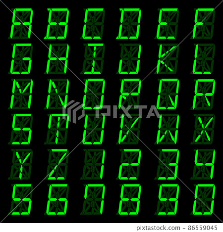 Green digital font, letters and numbers. English alphabet in digital screen. Concept LED board for billboards, watches, sports matches and advertising. Vector 86559045