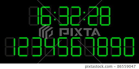 Digital LED numbers. Electronic or digital clock counter with LED figures. Flat style. Isolated on black background. Vector 86559047