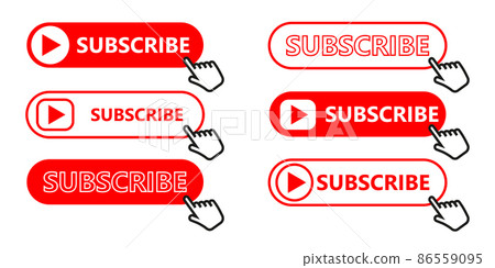 Social media subscription button. Subscribe to the video channel, blog and newsletter. Red button with hand cursor for subscription. Flat style. Vector 86559095