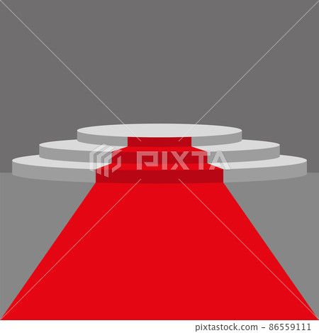 Red carpet and podium. White round pedestal with red track. Stage podium with lighting, scenario of the awards ceremony. Vector 86559111