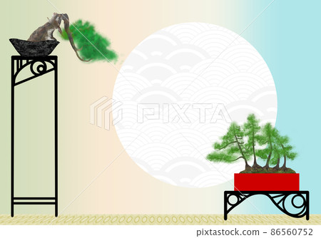 黑松懸崖和舷窗松群植盆景裝飾藝術風格的裝飾架和藍色海浪圓窗藍綠色漸變背景插圖 黑松懸崖和舷窗松群植盆景裝飾藝術風格的裝飾架和藍色海浪圓窗藍綠色漸變背景插圖 86560752