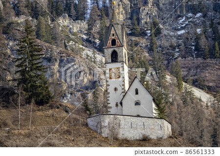 La valle La val  dolomites mountain church at sunset view landscape panorama 86561333