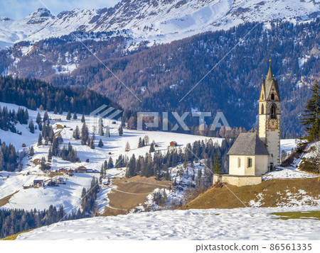 La valle La val  dolomites mountain church at sunset view landscape panorama 86561335