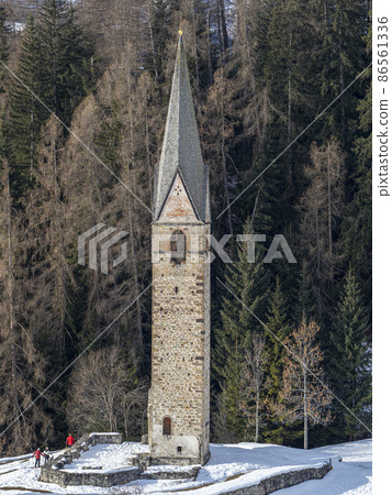 La valle La val  dolomites mountain church at sunset view landscape panorama 86561336