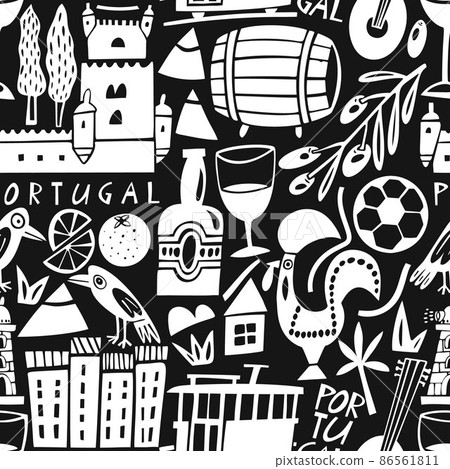 Vector hand drawn Portugal landmarks seamless pattern. Travel illustrations of Portuguese Republic symbols. Hand drawn lettering. Europe icons background 86561811