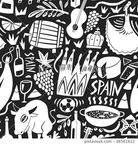 Vector hand drawn Spain landmarks seamless pattern. Travel illustrations of Spain Kingdom symbols. Hand drawn lettering. Europe icons background 86561812
