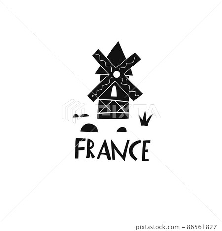 Vector hand drawn symbol of France. Travel illustration of French signs. Hand drawn lettering illustration. French landmark logo Vector hand drawn symbol of France. Travel illustration of French signs. Hand drawn lettering illustration. French landmark logo 86561827