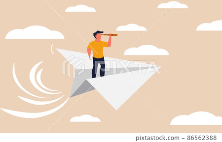 Future leader on paper plane with telescope and business opportunity. Finance discovery or curiosity vector illustration concept. Smart innovation direction and inspiration way flying on airplane Future leader on paper plane with telescope and business opportunity. Finance discovery or curiosity vector illustration concept. Smart innovation direction and inspiration way flying on airplane 86562388