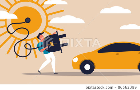 Car EV electric hybrid and man charge vehicle with solar energy. Eco alternative sun station vector illustration concept. Future transport and renewable environmental. Clean drive transportation Car EV electric hybrid and man charge vehicle with solar energy. Eco alternative sun station vector illustration concept. Future transport and renewable environmental. Clean drive transportation 86562389