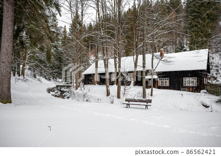 winter snowy forest in a mountain landscape with a stream and a cottage 86562421