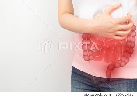 Woman suffering from abdominal pain with small and large intestines organ shape. Digestive tract problems include colitis, IBS or colon cancer. Colorectal disease awareness concept. Woman suffering from abdominal pain with small and large intestines organ shape. Digestive tract problems include colitis, IBS or colon cancer. Colorectal disease awareness concept. 86562453