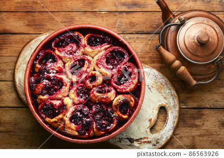 Appetizing cottage cheese pie with berries. Appetizing cottage cheese pie with berries. 86563926