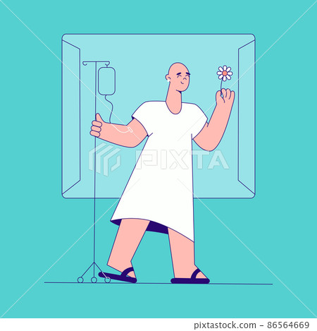 Oncology patient having a chemotherapy. Woman with cancer with a dropper getting a chemo. Conception of healthcare, oncology illness. Outline vector illustration Oncology patient having a chemotherapy. Woman with cancer with a dropper getting a chemo. Conception of healthcare, oncology illness. Outline vector illustration 86564669