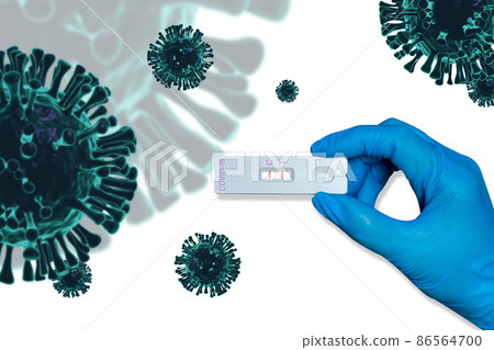 Hand holding Rapid Antigen Test kit(ATK) with Positive result during swab COVID-19 testing. Hand holding Rapid Antigen Test kit(ATK) with Positive result during swab COVID-19 testing. 86564700