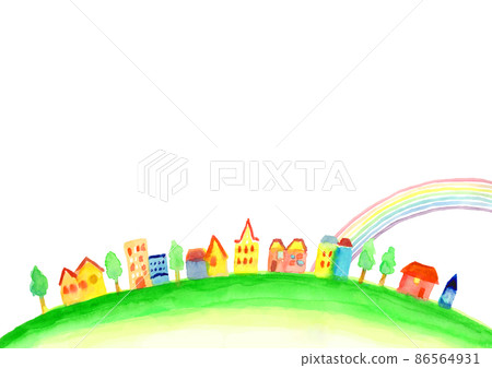 Illustration of a rainbow and a townscape drawn in watercolor Illustration of a rainbow and a townscape drawn in watercolor 86564931