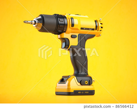 Yellow electric screwdriver drill on yellow background Yellow electric screwdriver drill on yellow background 86566412