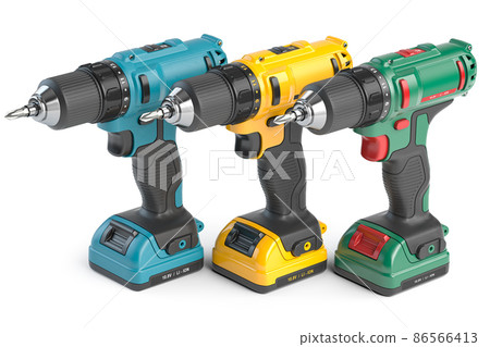 Eectric screwdrivers drills of different types isolated on white. Eectric screwdrivers drills of different types isolated on white. 86566413