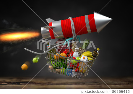 Fast delivery, growth of market basket or consumer price index, inflation or growth of food sales concept. Shopping basket with foods on flying rocket. 86566415