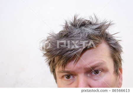 Cropped Portrait of a surprised man with disheveled, tangled hair. 86566613
