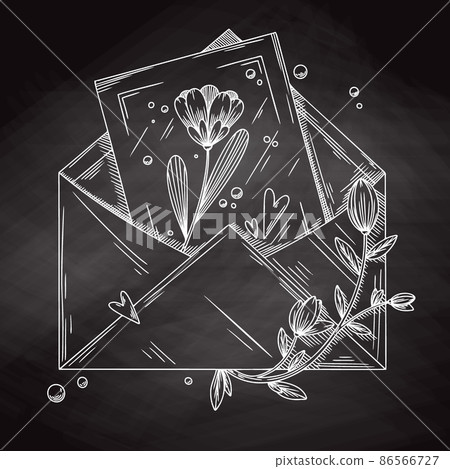 Envelope with postcard, flowers and hearts. Holiday package. Vector illustration Envelope with postcard, flowers and hearts. Holiday package. Vector illustration 86566727
