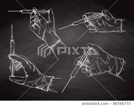 Doctor or scientist hands in latex gloves. Hands in sterile gloves holding syringe. Vector illustration Doctor or scientist hands in latex gloves. Hands in sterile gloves holding syringe. Vector illustration 86566735