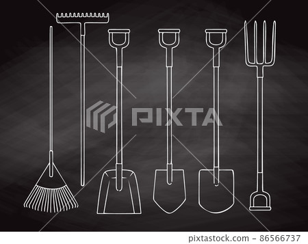 Set of different garden tools. Shovel, rake, pitchfork, spade. Vector illustration Set of different garden tools. Shovel, rake, pitchfork, spade. Vector illustration 86566737