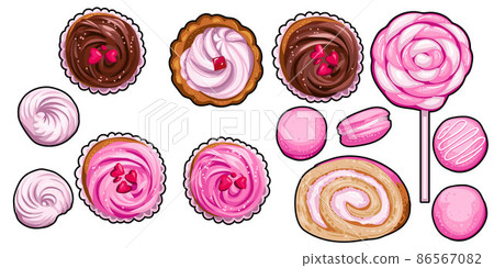 Set of cupcakes, macaroons and lollipop 86567082