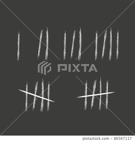 Tally marks wall sticks lines counter. Counting signs chalk on black background. Vector illustration 86567117