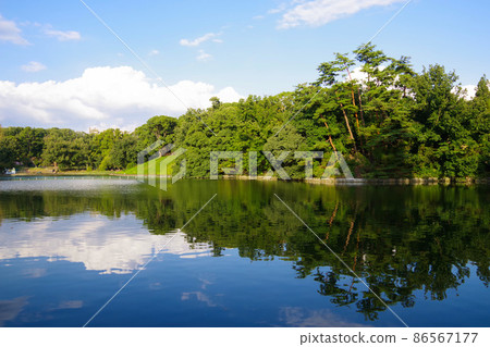 城市公園、鬱鬱蔥蔥的公園、池塘、休息處、新城 城市公園、鬱鬱蔥蔥的公園、池塘、休息處、新城 86567177