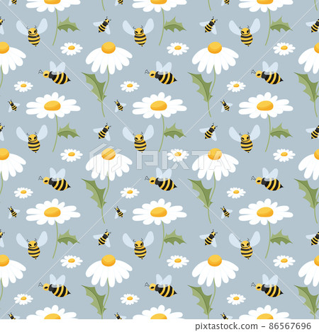 Bee and camomile seamless pattern. Bee and daisies in a kids pattern. Seamless is suitable for print, fabric, wrapping paper, bar and menu decoration. 86567696