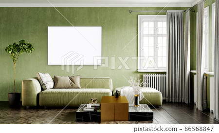 Modern interior of a room with an empty painting. Sofa and large window, wooden floor and wall. Clean lines of interior design. 3D rendering 86568847