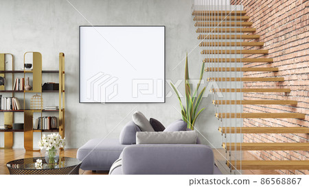 Modern beautiful interior room with a white painting. Clean and lightweight design with wooden floors and light walls. 3d rendering 86568867