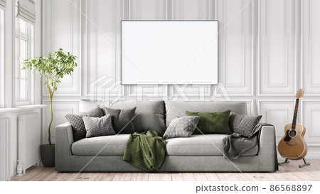 Modern interior of a room with an empty painting. Sofa and large window, wooden floor and wall. Clean lines of interior design. 3D rendering 86568897