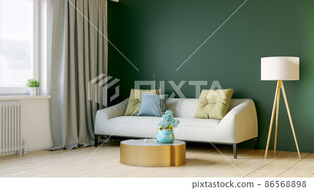 Beautiful interior of a modern room. Bright and clean design. A sofa standing by a large window against a wall background. 3D rendering 86568898