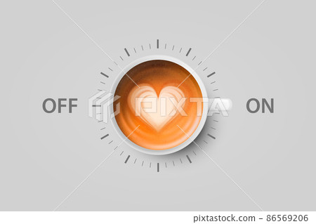 Vector 3d Realistic Off, On Switch with Coffee in White Ceramic, Porcelain Coffee Mug on Whitek. Latte, Capuccino. Coffee Cup Icon. Concept Creative Banner with Coffee Cup. Design Template. Top View 86569206